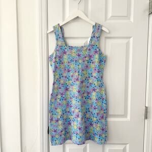 Aqua Blues 60s Mod Blue Floral Textured Square Neck Cotton Dress Vintage Medium